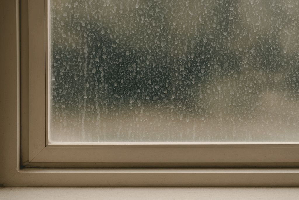 Interior view of a window covered in hard water stains, with a beige wooden frame and a blurred outdoor background. 
